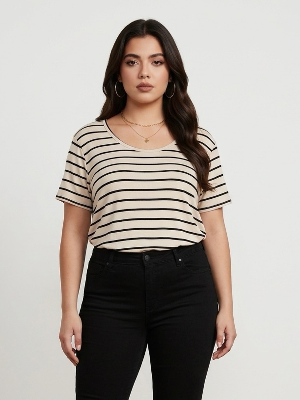 Studio 1X Striped Short Sleeve Top Cream Black Stretch Rayon Blend